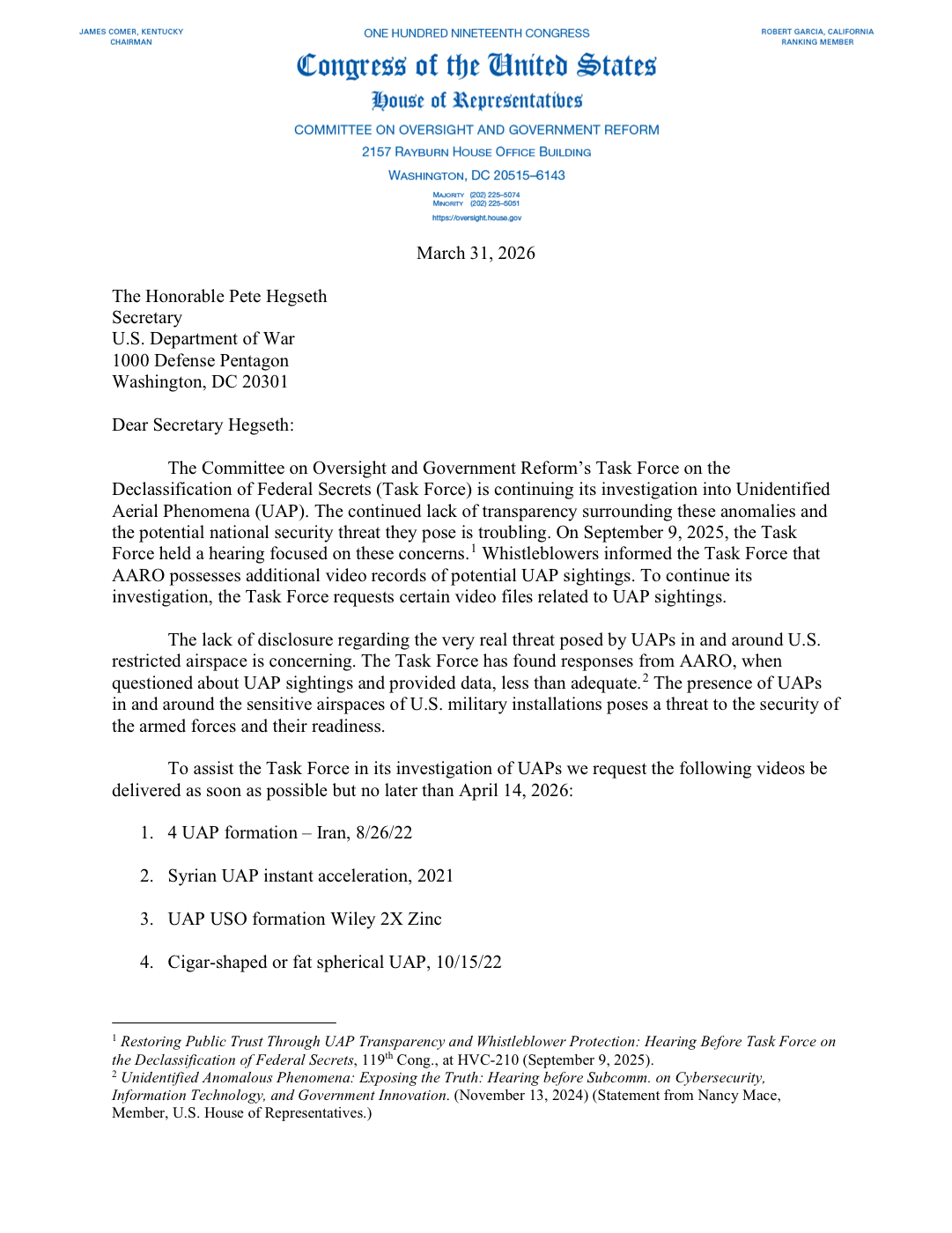 하원 감독위원회 명의의 UAP 요청 서한 첫 페이지. 수신인은 피트 헤그세스 장관이며, 본문에는 비디오 자료 제출 요청과 날짜가 적혀 있다.
